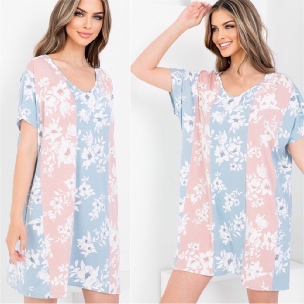 •ONLY 1•Perfect Pastel & Floral Print Cute & Casual Oversized Shirtdress